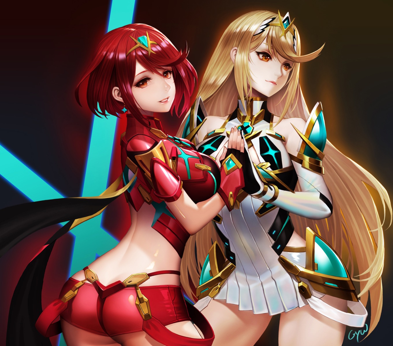 ass, dress, gyworz, hikari_(xenoblade_2), homura_(xenoblade_2), xenoblade_(series), xenoblade_2