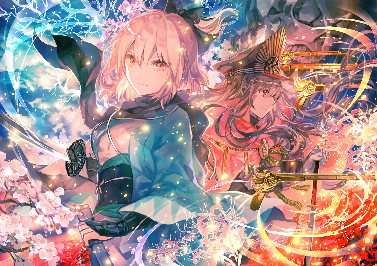 fate/grand_order, gun, japanese_clothes, oda_nobunaga_(fate), okita_souji_(fate), rioka_(southern_blue_sky), sword, uniform