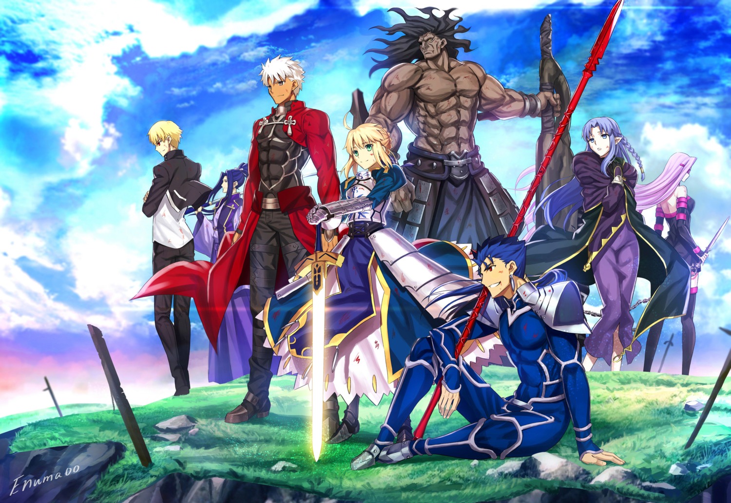 aora, archer, armor, artoria_pendragon_(fate), blood, bodysuit, cu_chulainn_(fate), dress, fate/stay_night, gilgamesh_(fate), heracles_(fate), medea_(fate), medusa_(fate), pointy_ears, sasaki_kojirou_(fate), sword, thighhighs, weapon