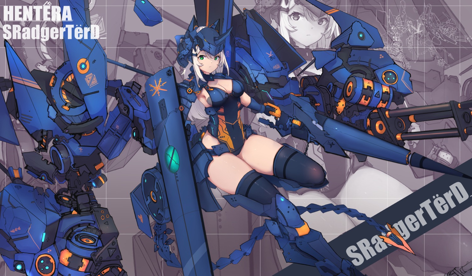 cleavage, leotard, mecha_musume, syaha, thighhighs, weapon