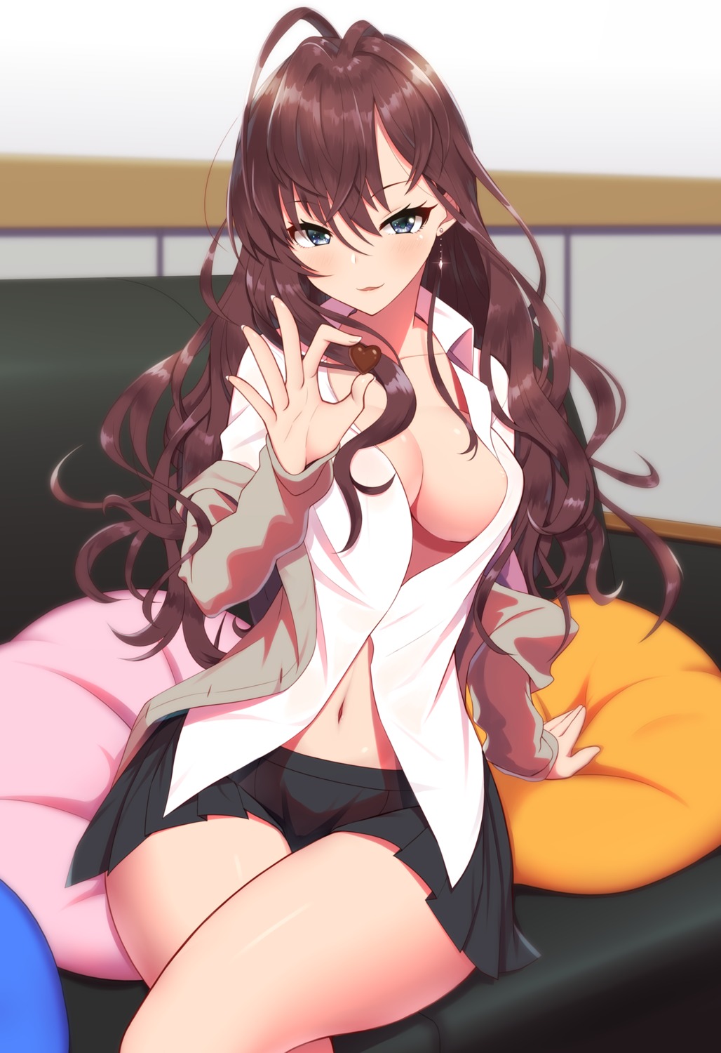 cleavage, ichinose_shiki, kuroshiro_(ms-2420), no_bra, open_shirt, seifuku, sweater, the_idolm@ster, the_idolm@ster_cinderella_girls, valentine