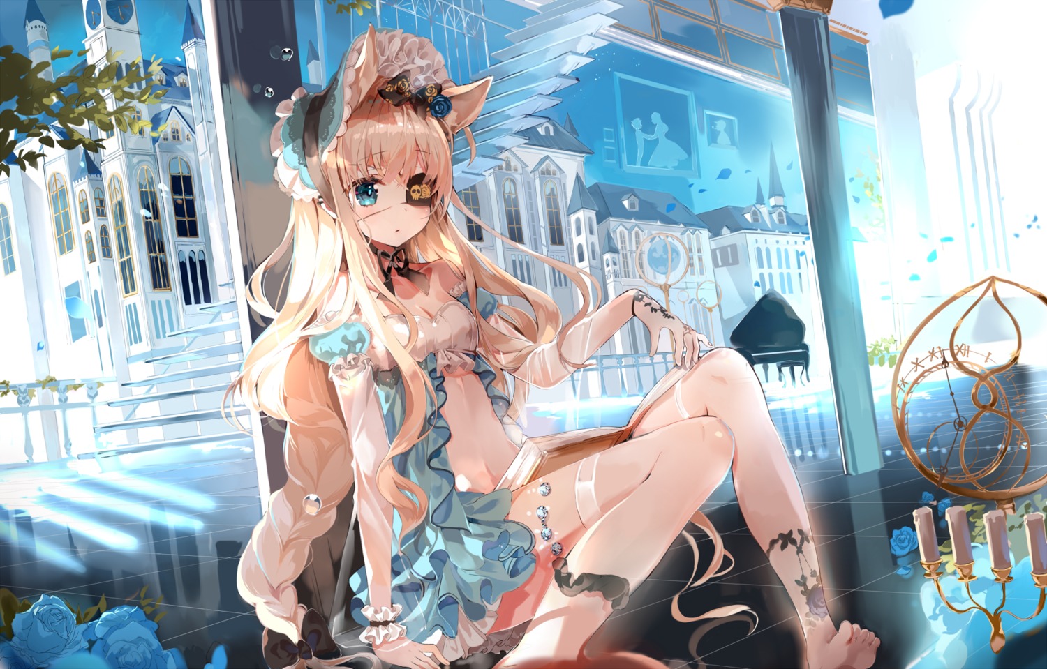 animal_ears, b_rock, cleavage, eyepatch, feet, garter