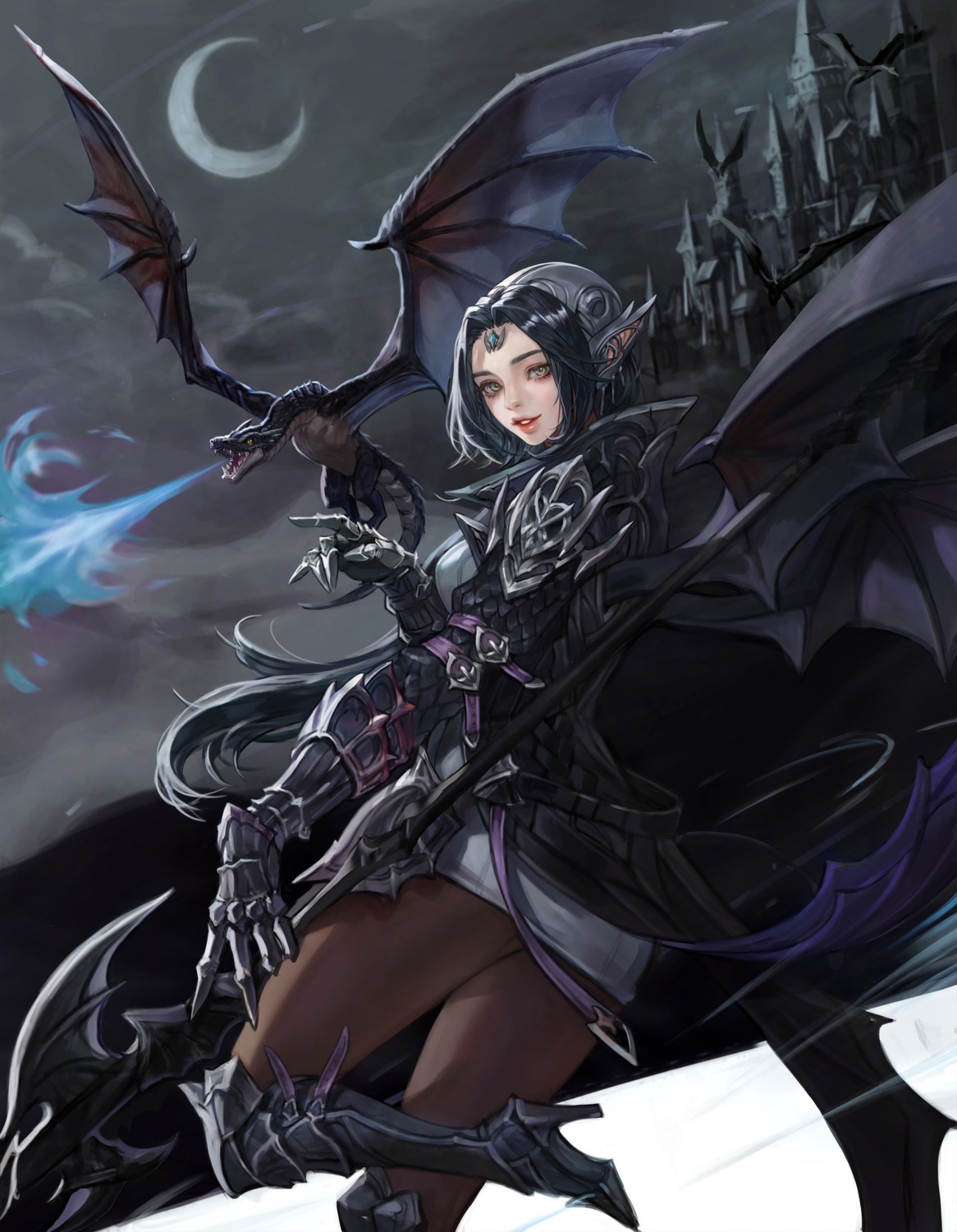 armor, heels, monable, monster, pantyhose, pointy_ears, weapon, wings
