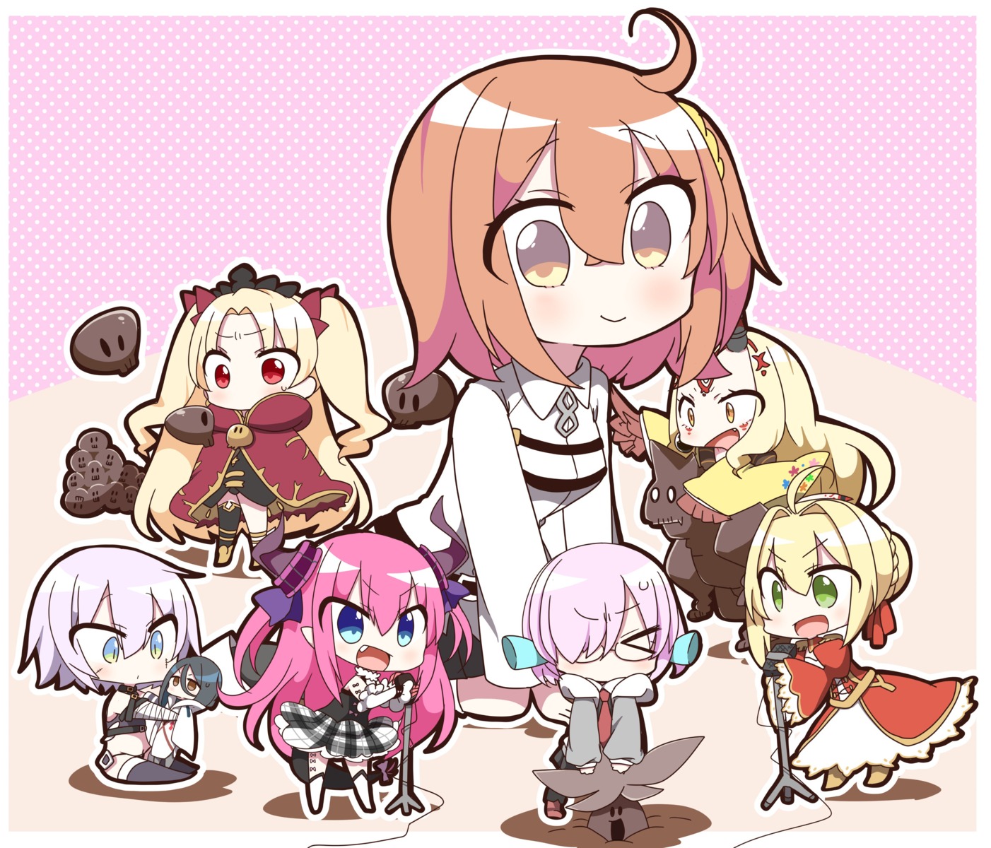 bandages, chibi, elizabeth_bathory, ereshkigal_(fate), fate/grand_order, fujimaru_ritsuka_(female), ibaraki_douji_(fate), jack_the_ripper, jako_(jakoo21), mash_kyrielight, megane, nero_claudius_(fate), pantsu, thighhighs