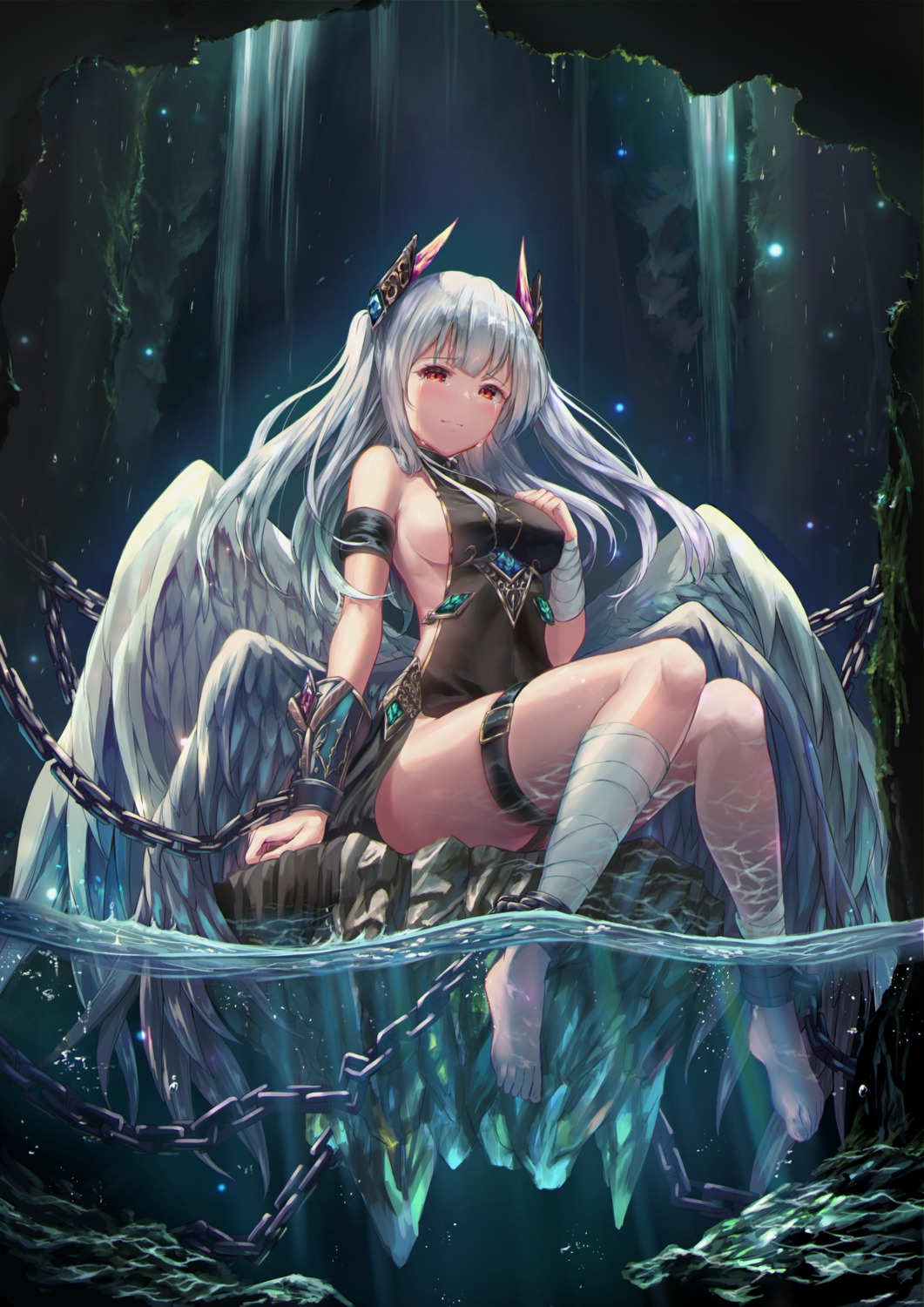bandages, bondage, feet, garter, horns, no_bra, tamazatou, wet, wings
