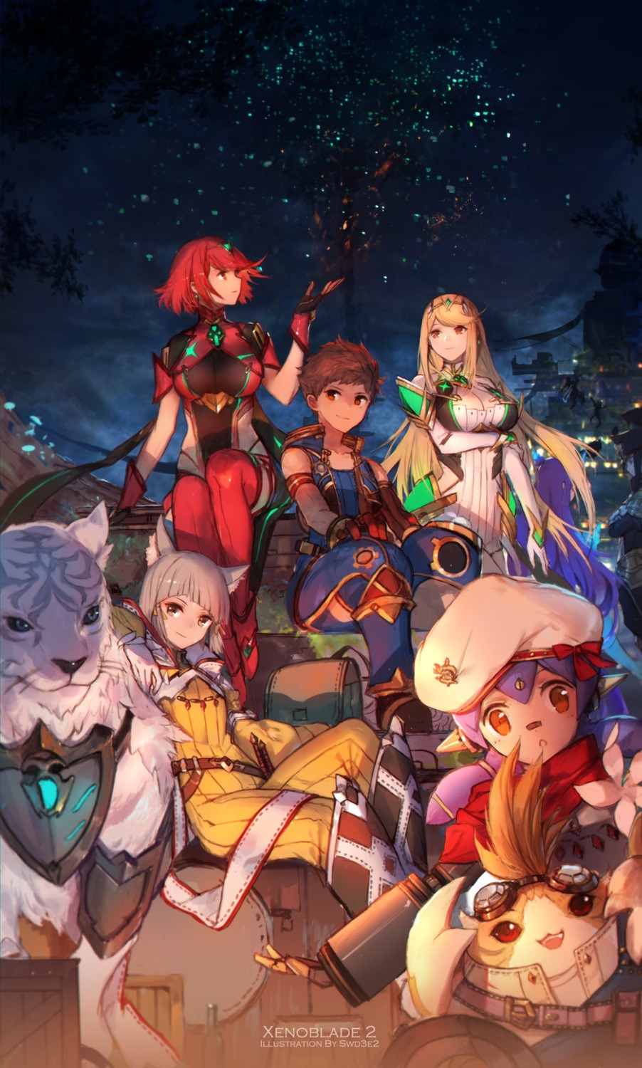 animal_ears, byakko_(xenoblade_2), cleavage, hana_(xenoblade_2), hikari_(xenoblade_2), homura_(xenoblade_2), mecha_musume, niyah, swd3e2, thighhighs, tora_(xenoblade_2), xenoblade_(series), xenoblade_2