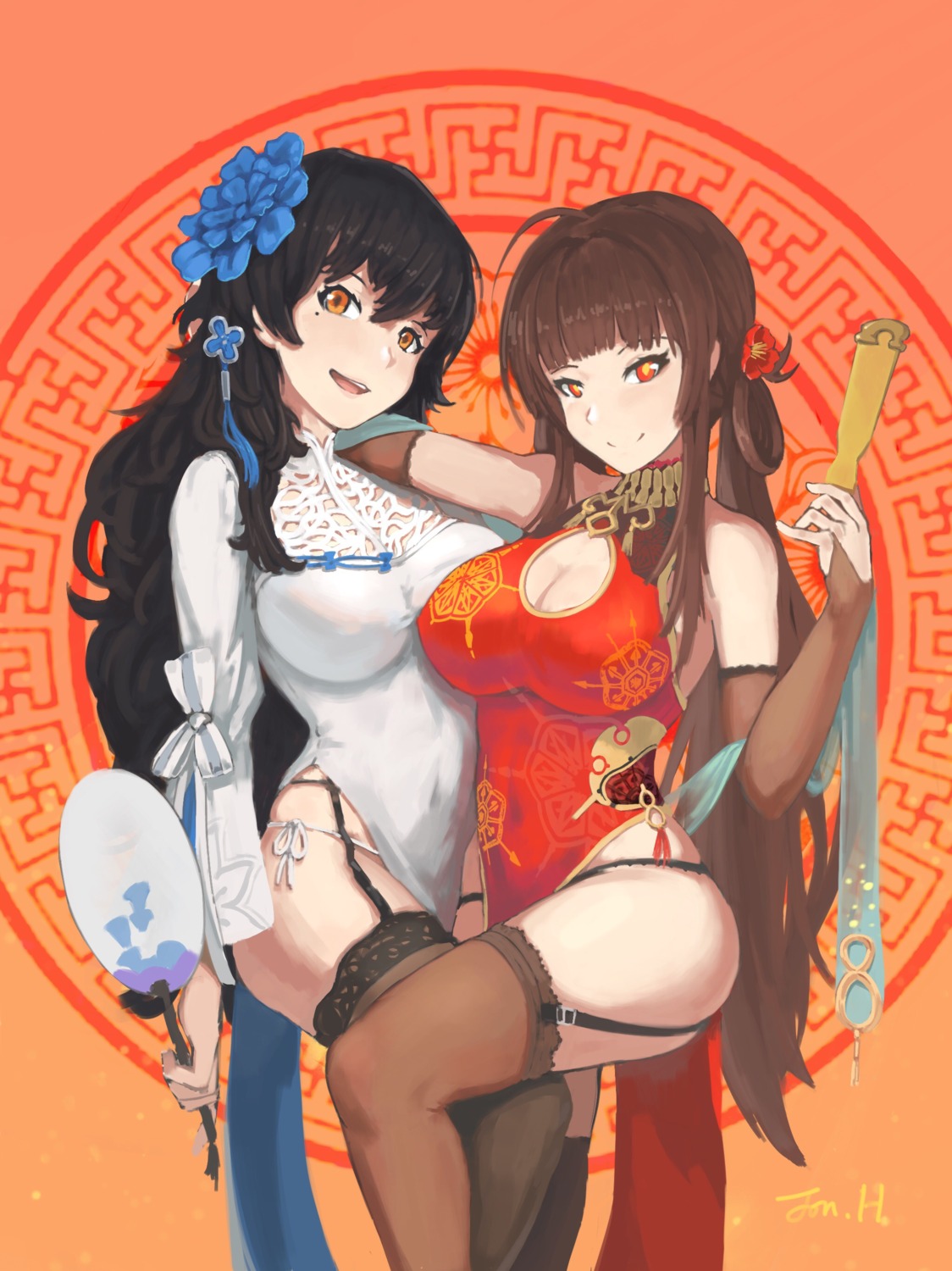 chinadress, cleavage, dsr-50_(girls_frontline), girls_frontline, jonathan_h, pantsu, qbz-95_(girls_frontline), stockings, thighhighs