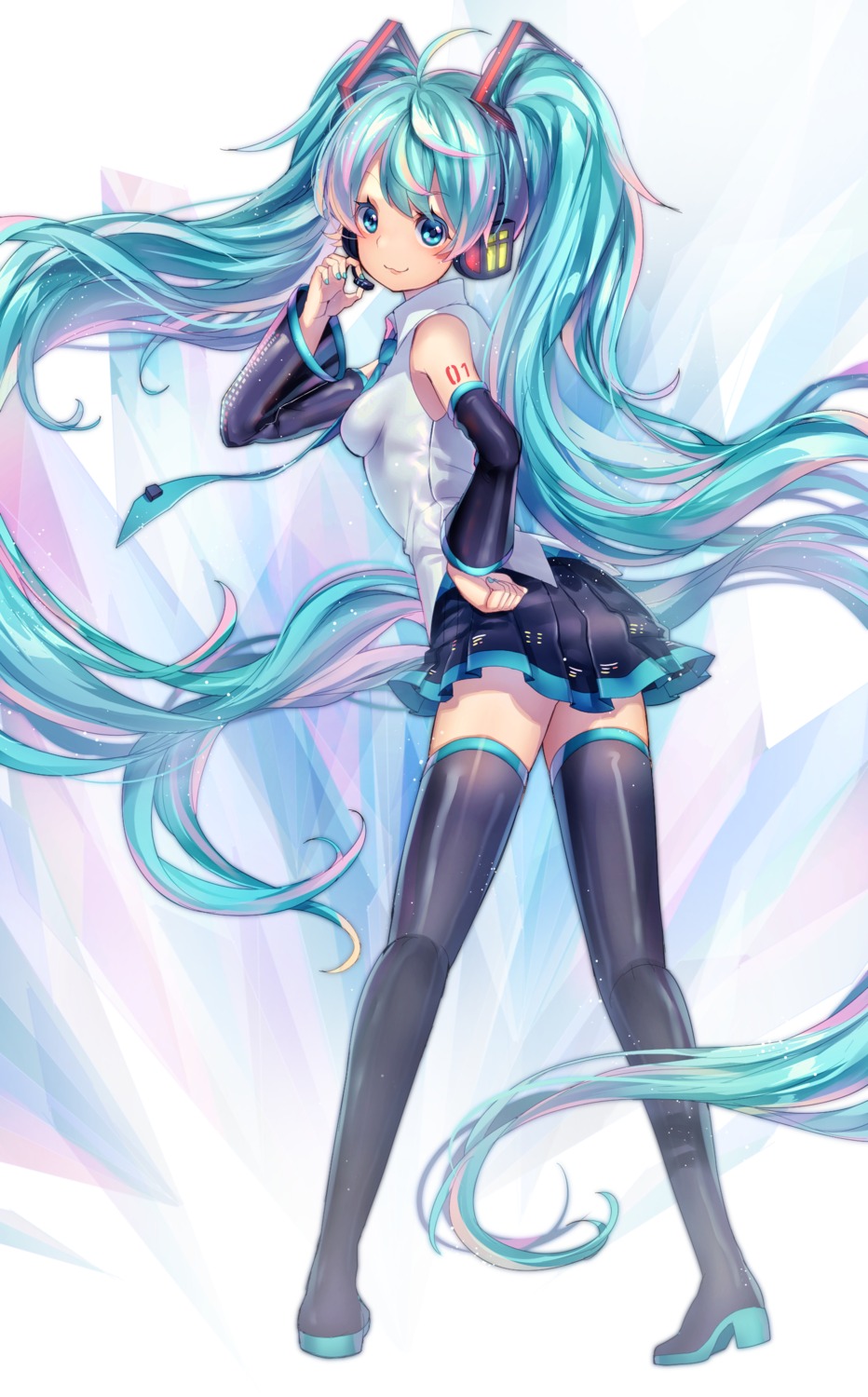 hatsune_miku, headphones, heels, komadori_ui, tattoo, thighhighs, vocaloid