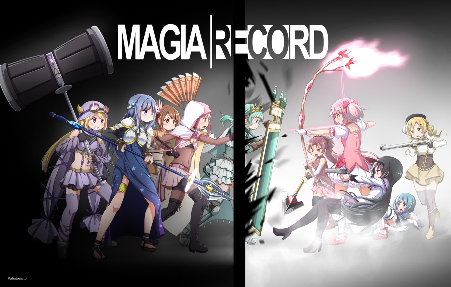 abutomato, akemi_homura, armor, bike_shorts, dress, futaba_sana, gun, heels, horns, kaname_madoka, magia_record:_mahou_shoujo_madoka_magica_gaiden, mahou_shoujo_madoka_magica, miki_sayaka, mitsuki_felicia, nanami_yachiyo, pantyhose, sakura_kyouko, tamaki_iroha, thighhighs, tomoe_mami, weapon, yui_tsuruno