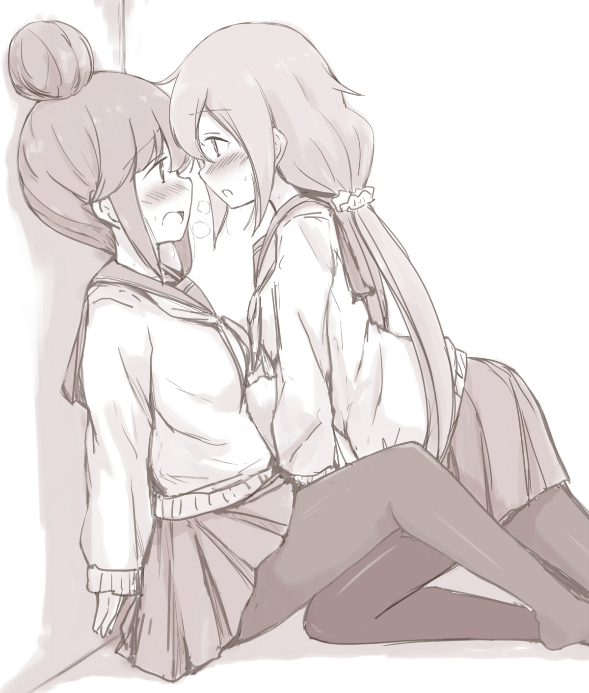 aikawa_ryou, kagamihara_nadeshiko, monochrome, pantyhose, seifuku, shima_rin, sweater, yuri, yurucamp