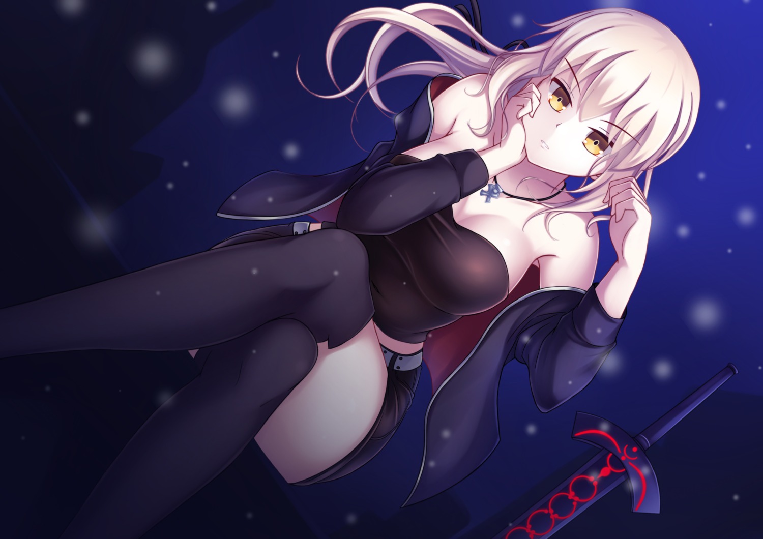 artoria_pendragon_(fate), artoria_pendragon_alter_(fate), cleavage, euforia, fate/grand_order, sword, thighhighs
