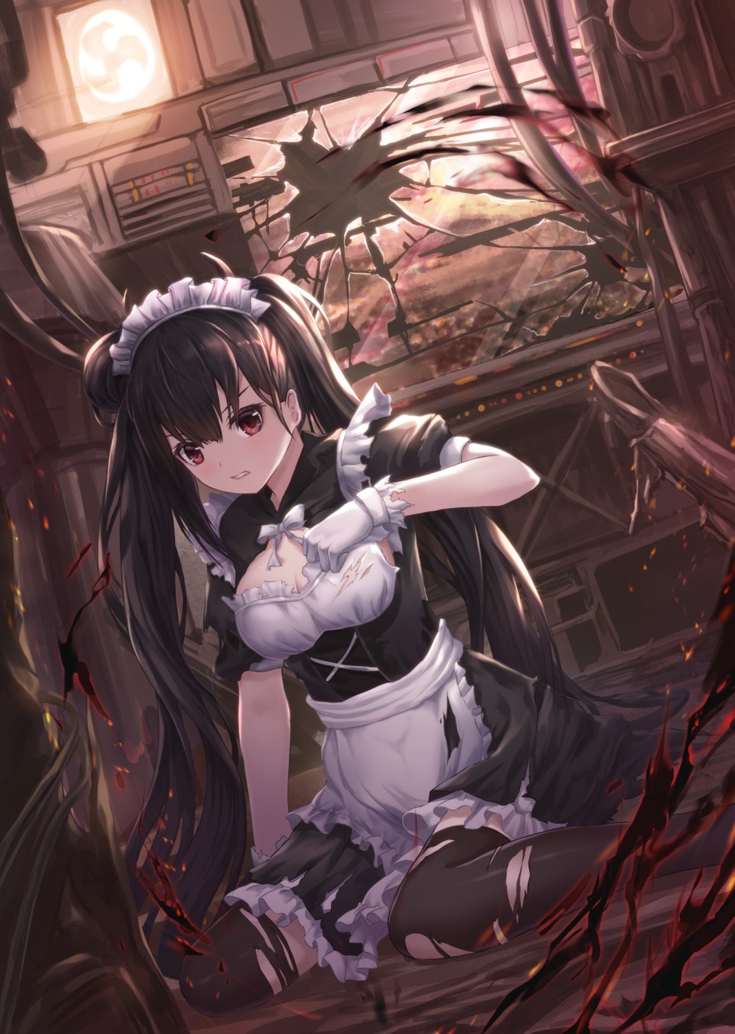 girls_frontline, lunacle, maid, ouroboros_(girls_frontline), thighhighs, torn_clothes
