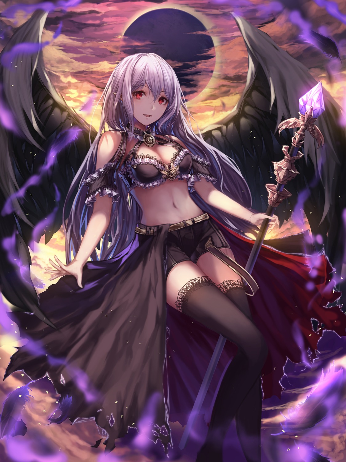 cleavage, pointy_ears, thighhighs, torn_clothes, weapon, wings, yohaku