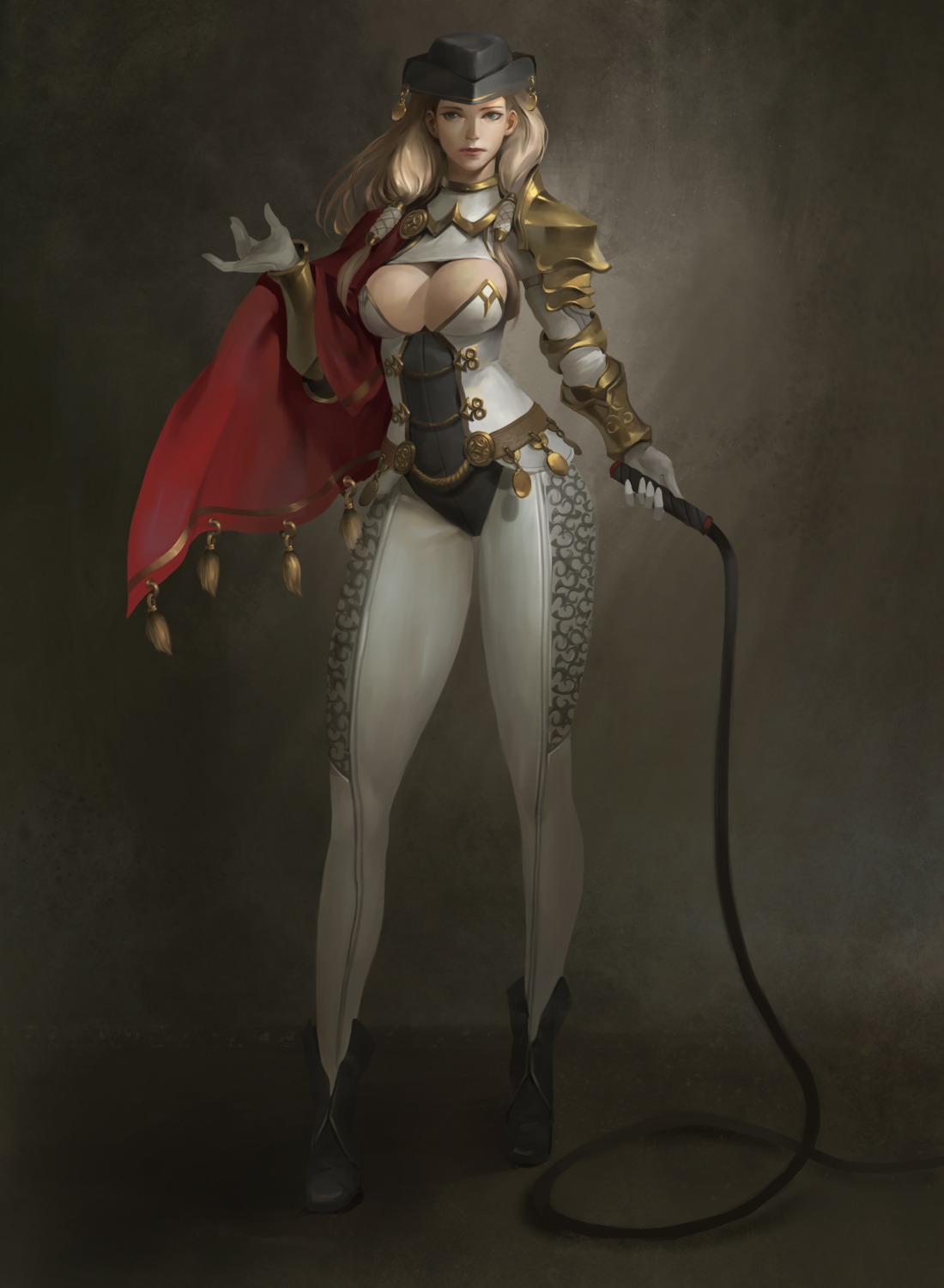 armor, cleavage, midfinger22, no_bra, weapon