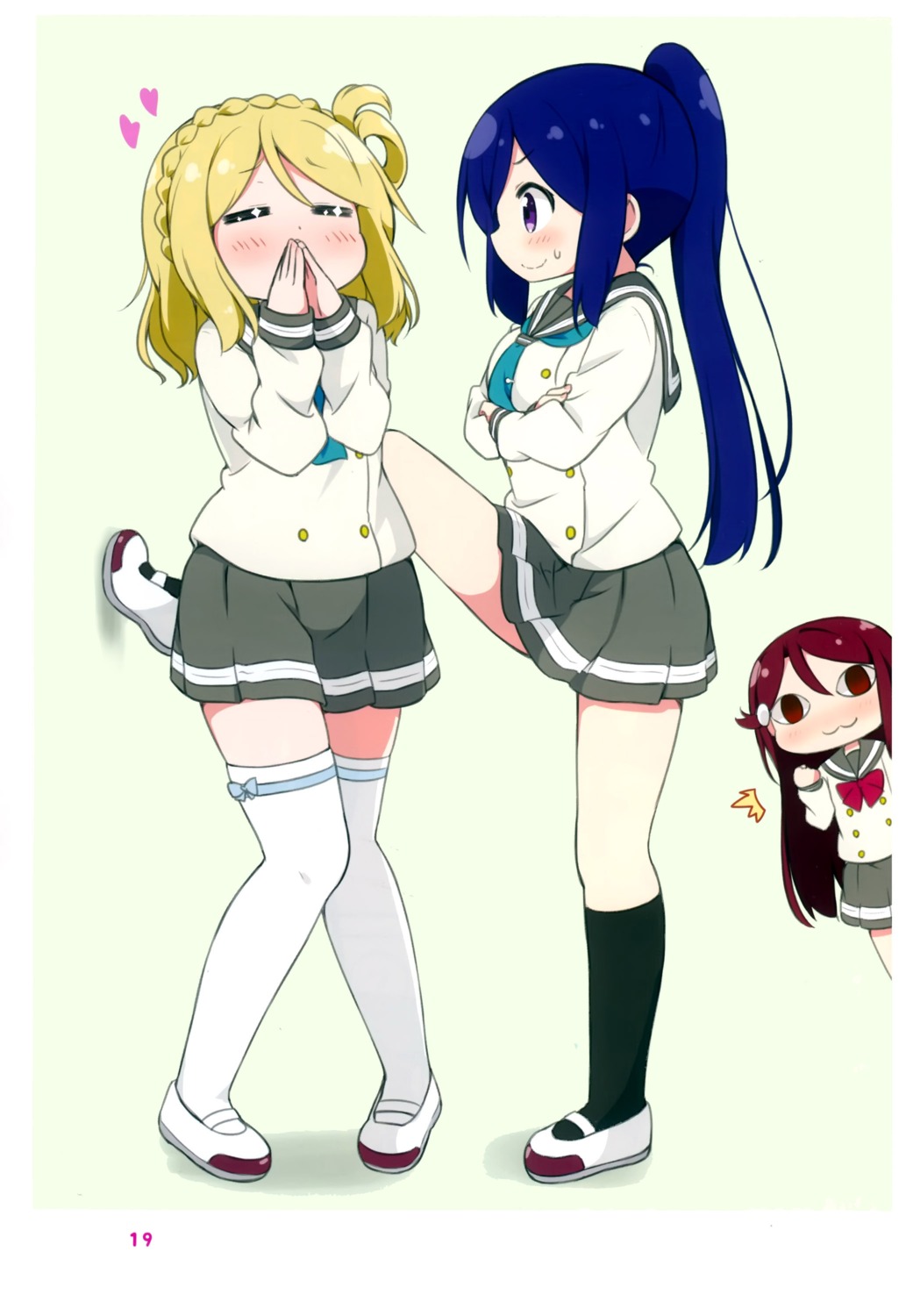 love_live!_(series), love_live!_sunshine!!, matsuura_kanan, miyako_hito, ohara_mari, sakurauchi_riko, seifuku, thighhighs