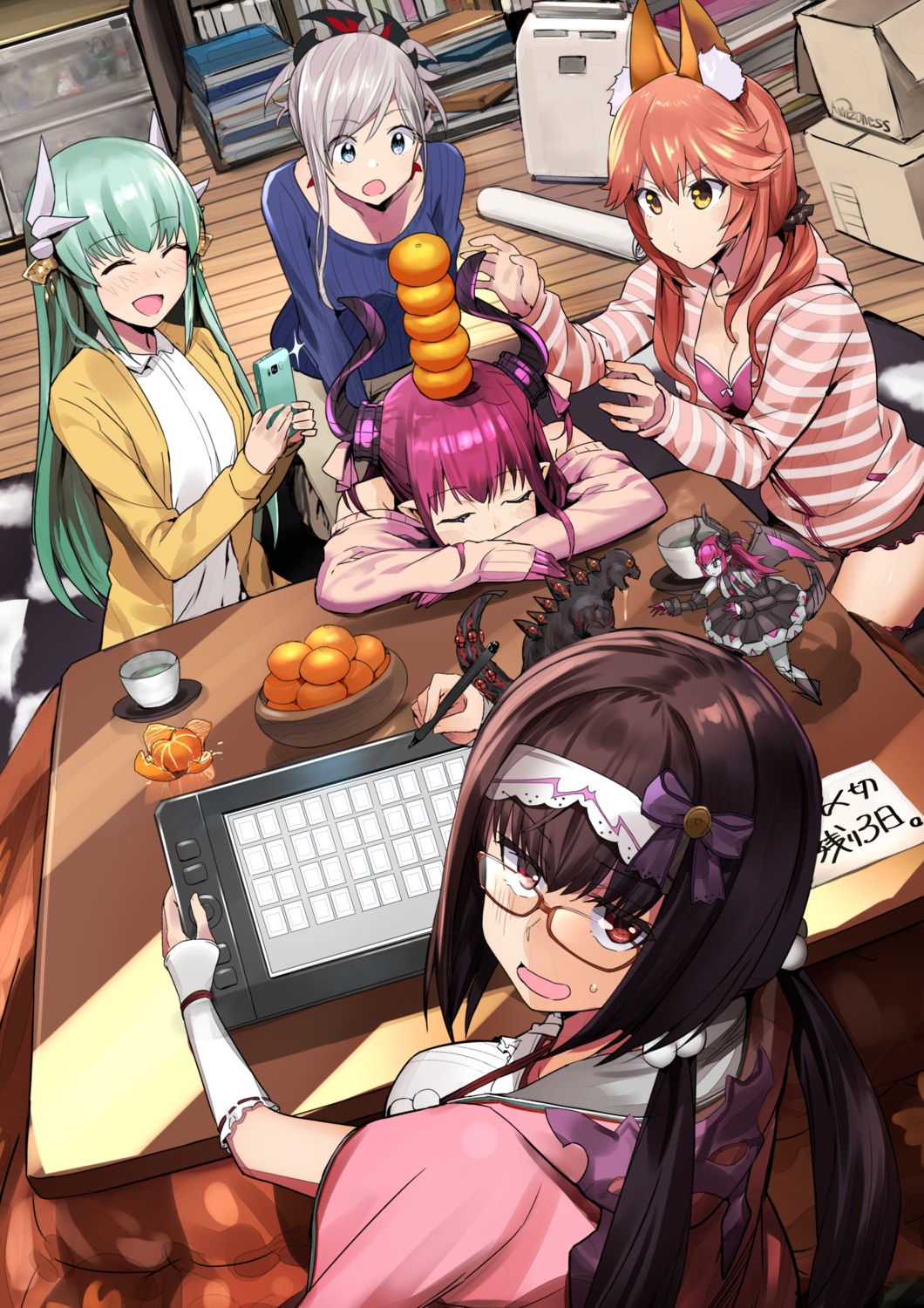 akechi_shizuku, animal_ears, bra, cleavage, elizabeth_bathory, fate/grand_order, horns, kiyohime_(fate)