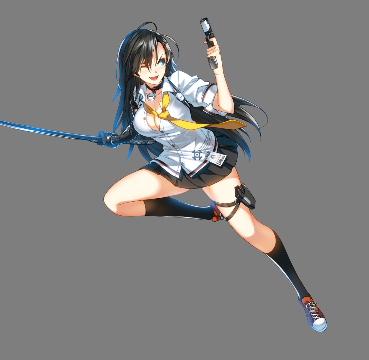 cleavage, closers, gun, ress, seifuku, sword, transparent_png, yuri_seo