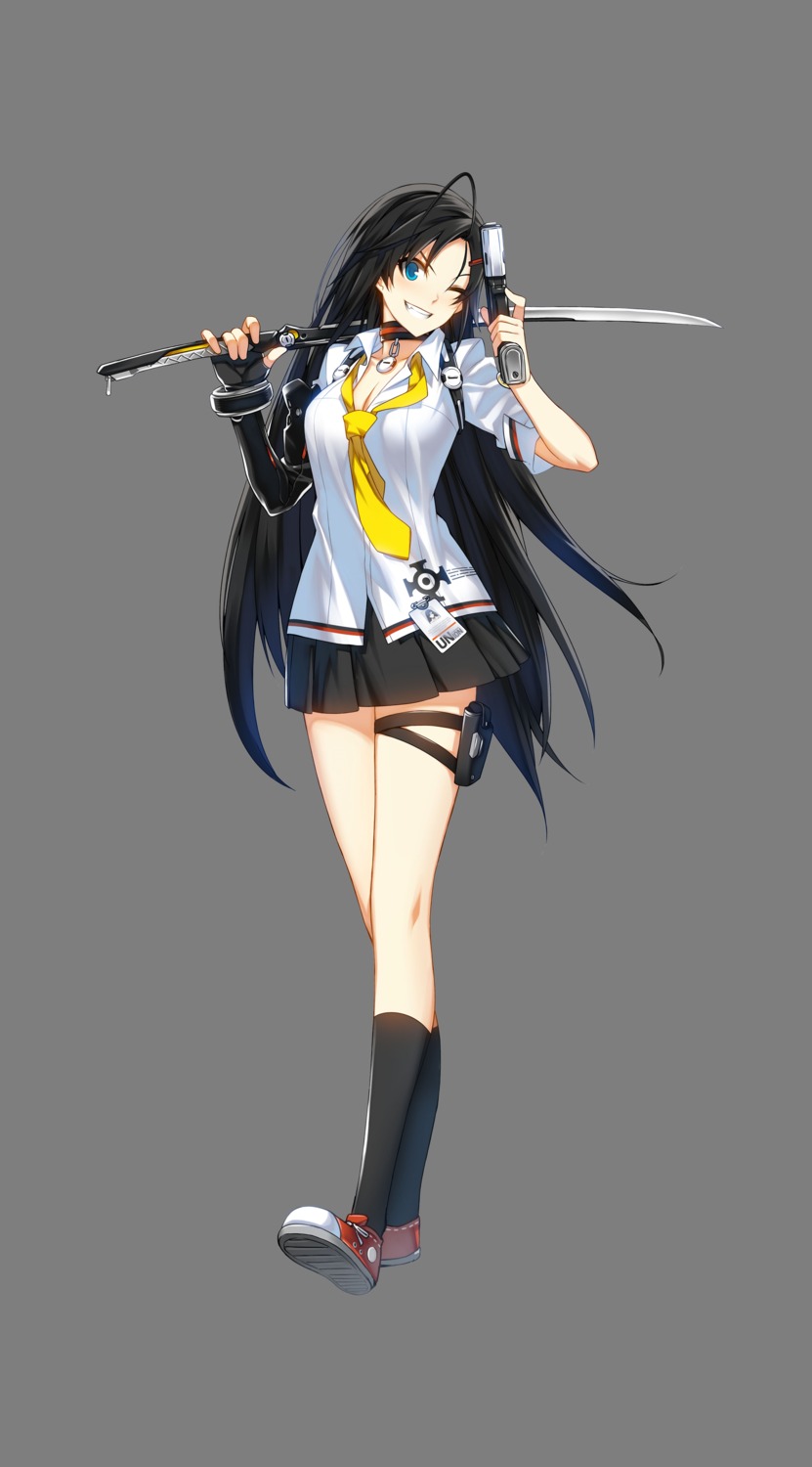 cleavage, closers, gun, ress, seifuku, sword, transparent_png, yuri_seo