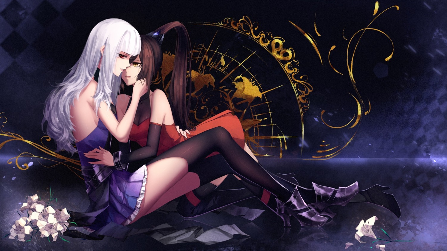 dress, heels, red-d, thighhighs, wallpaper, yuri
