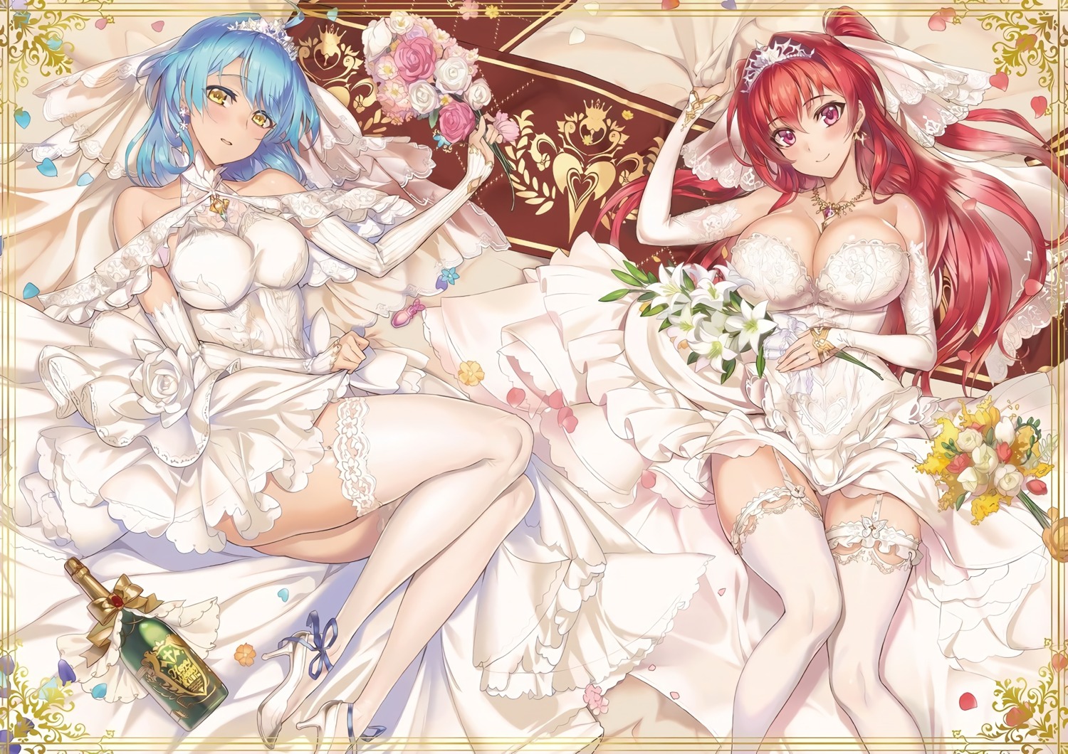 dress, heels, naruse_mio, no_bra, nonaka_yuki, ookuma_nekosuke, shinmai_maou_no_testament, skirt_lift, stockings, thighhighs, wedding_dress
