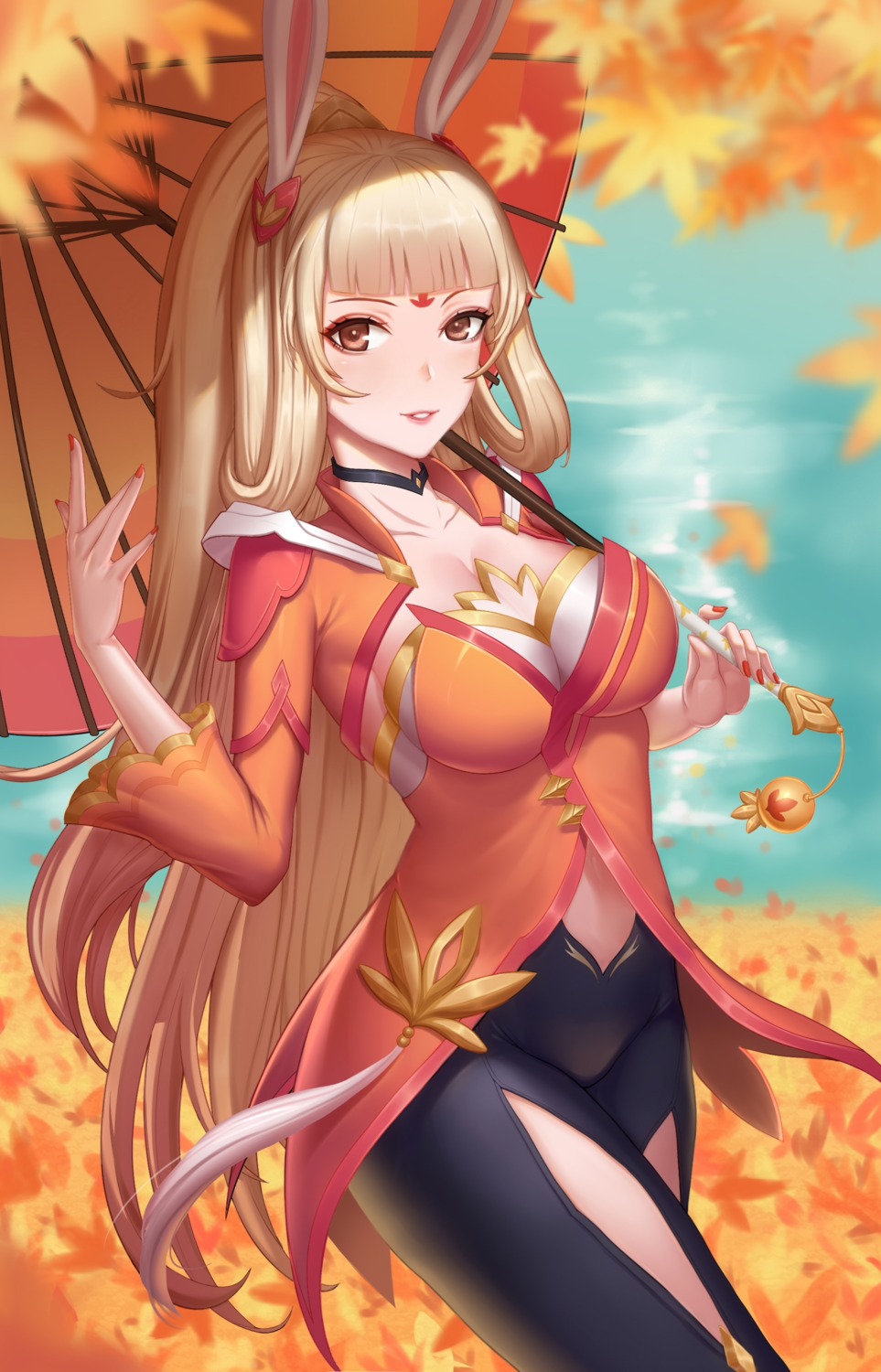 animal_ears, bunny_ears, cleavage, kokoala, umbrella, wangzhe_rongyao