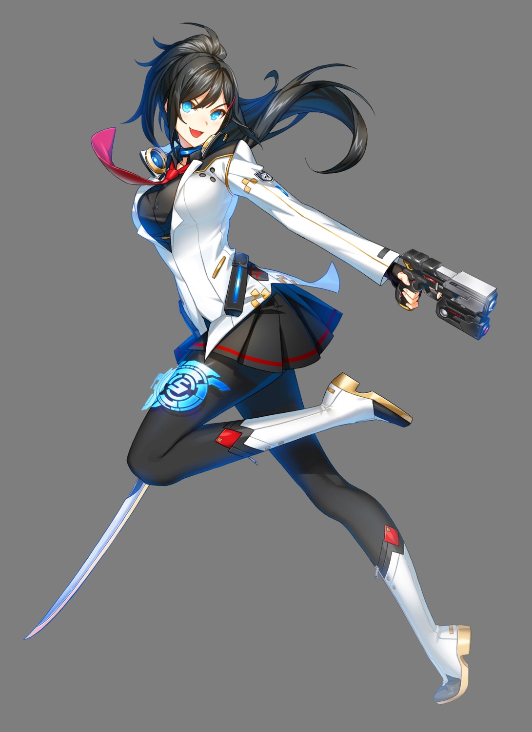 closers, gun, headphones, heels, pantyhose, ress, seifuku, sword, transparent_png, yuri_seo