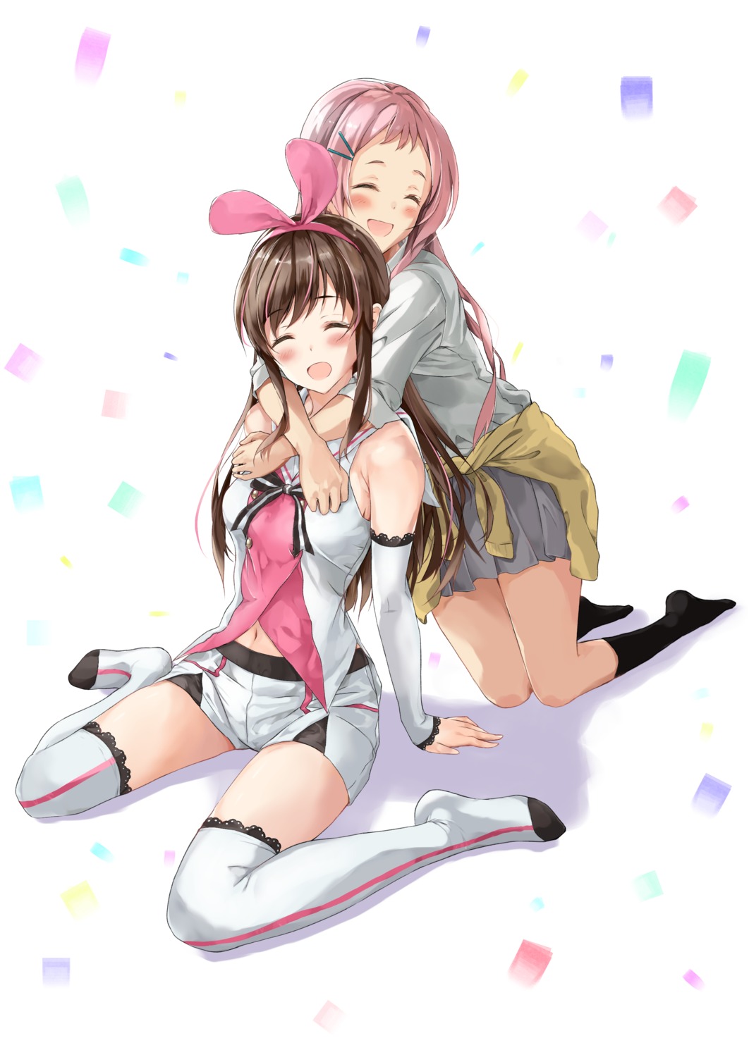 aguri_(gamers!), crossover, fujisaki_ribbon, gamers!, kizuna_ai, kizuna_ai_inc., seifuku, thighhighs