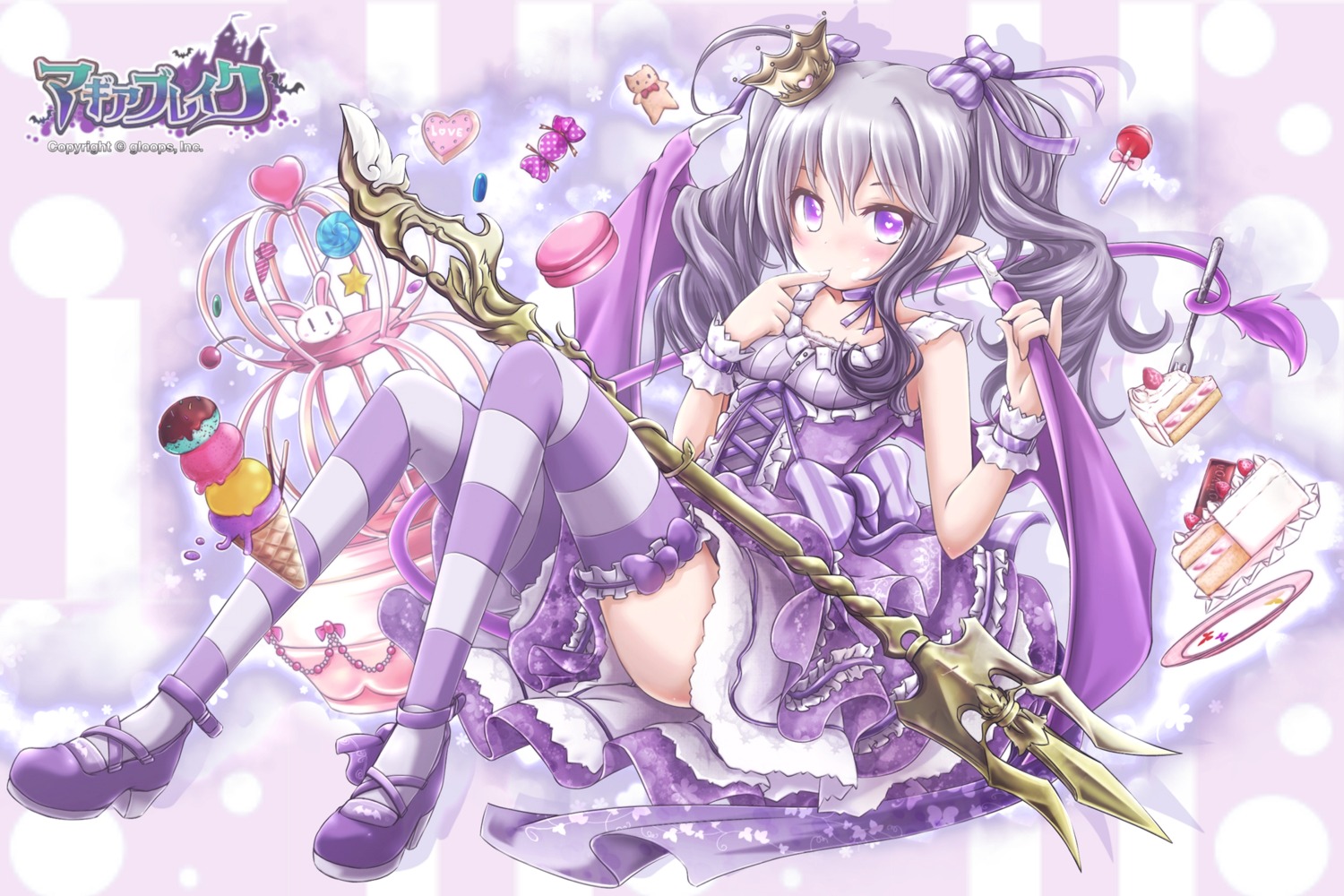 akino_coto, heels, lolita_fashion, magia_break, pointy_ears, thighhighs, weapon, wings