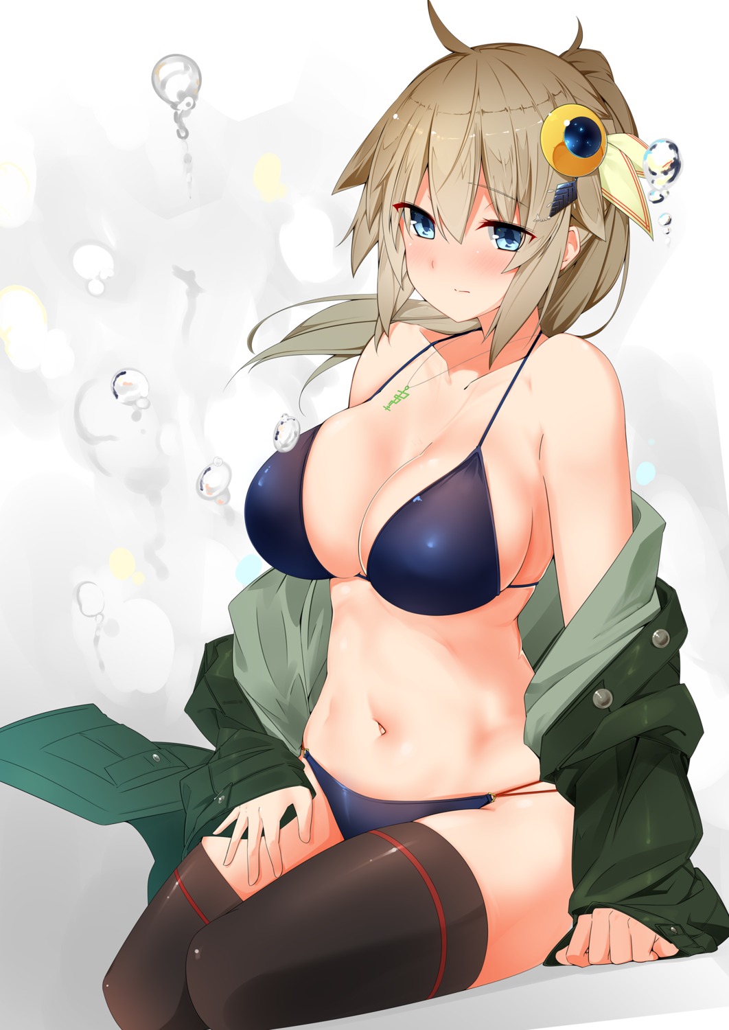 bikini, cleavage, open_shirt, swimsuits, thighhighs, warashi