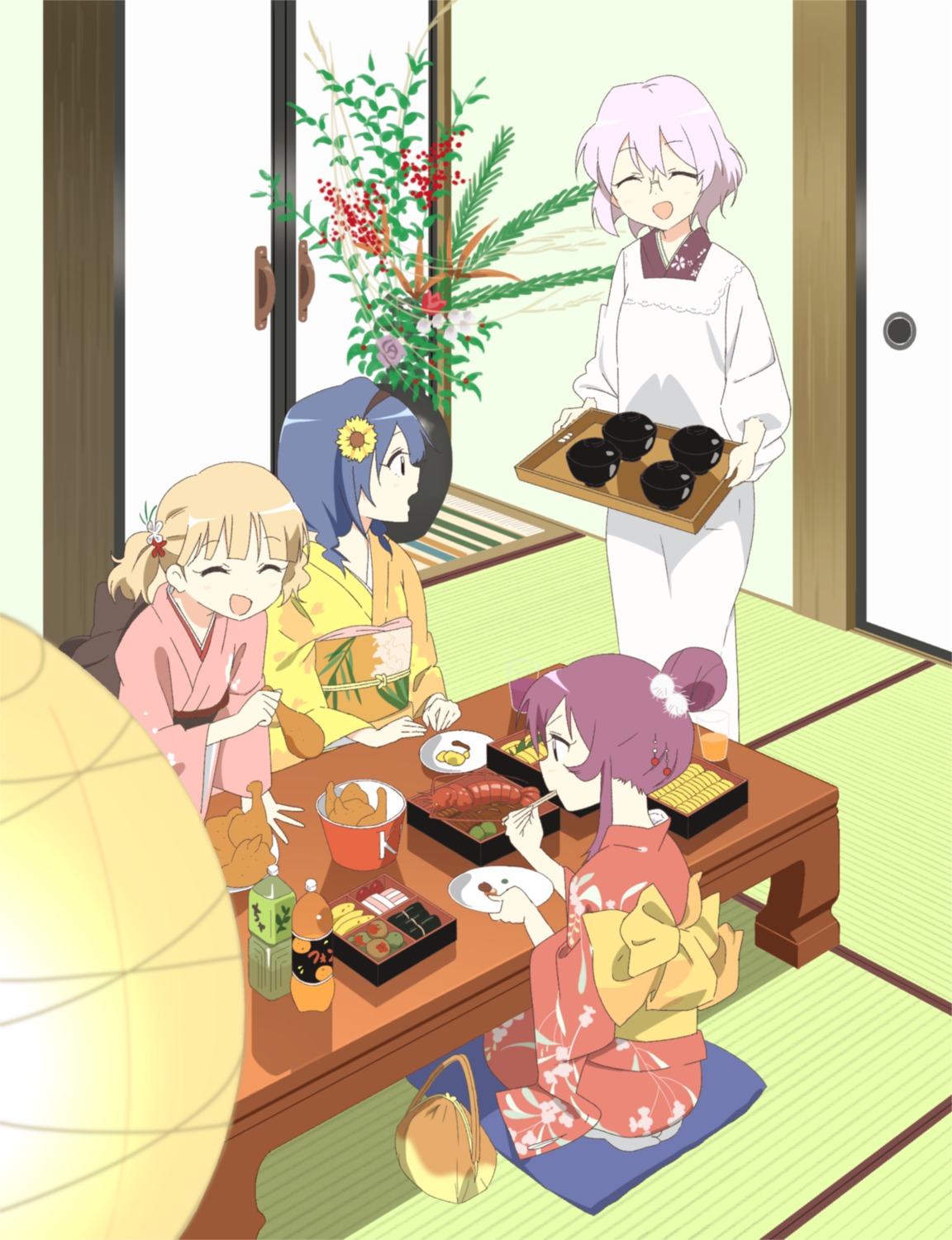 furutani_himawari, ikeda_chitose, kimono, megane, ochazuke, sugiura_ayano, yoshikawa_chinatsu, yuru_yuri