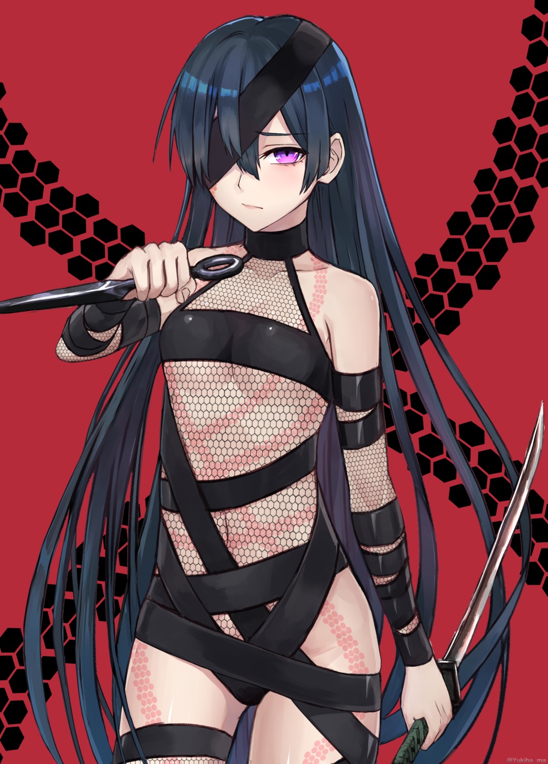 eyepatch, fate/grand_order, fishnets, leotard, mochizuki_chiyome_(fate), sword, tattoo, weapon, yukihama