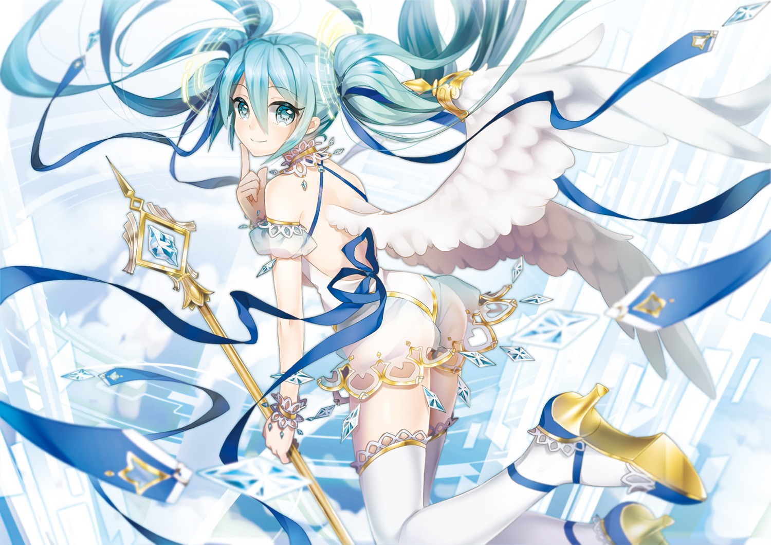 ass, hatsune_miku, heels, marchen_noir, see_through, thighhighs, vocaloid, weapon, wings