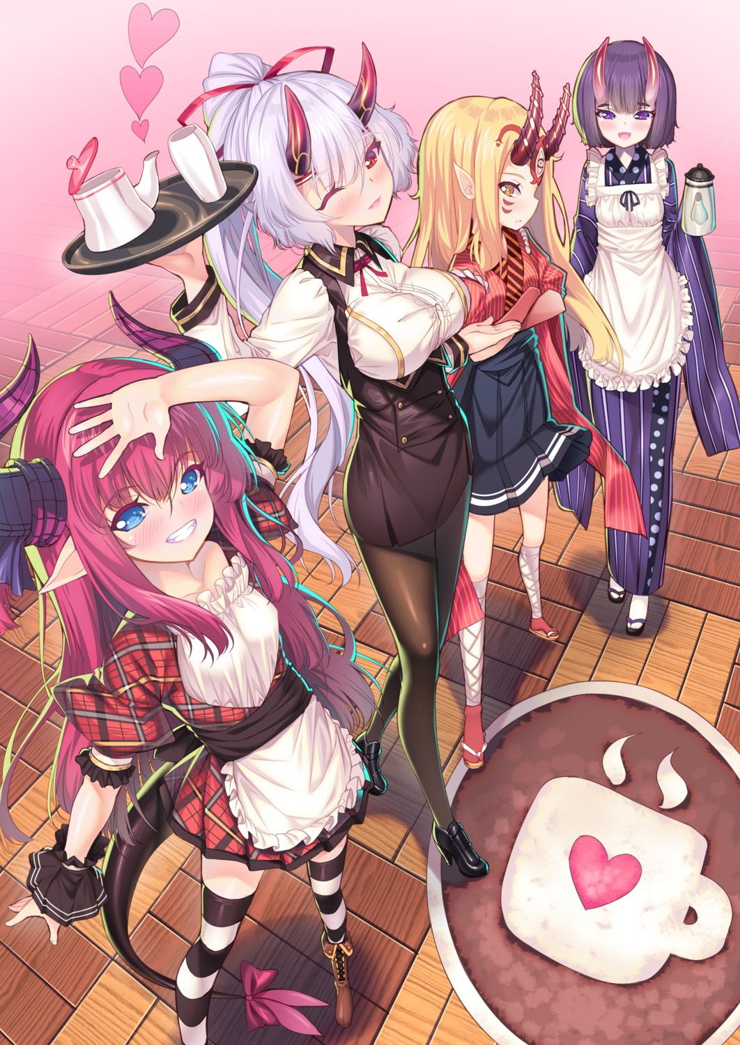 elizabeth_bathory, fate/grand_order, horns, ibaraki_douji_(fate), maid, pantyhose, pointy_ears, shuten_douji_(fate), tail, thighhighs, tomoe_gozen_(fate), tonchan, wa_maid, waitress