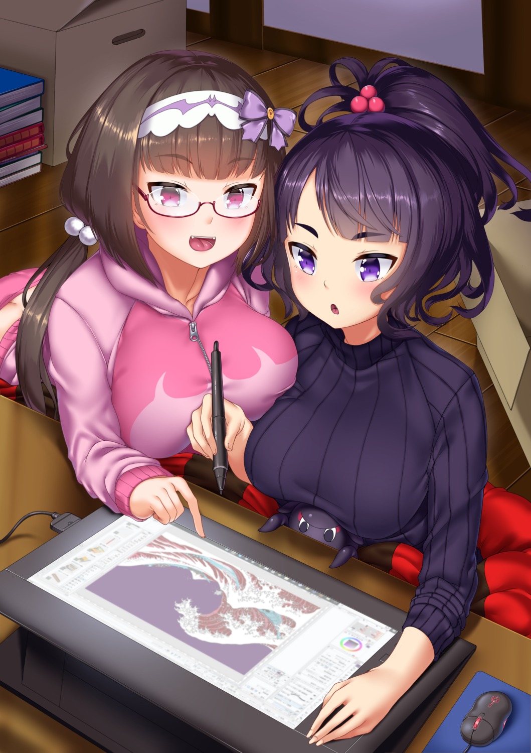 fate/grand_order, hitotsuki_nebura, katsushika_hokusai_(fate), megane, osakabehime_(fate), sweater