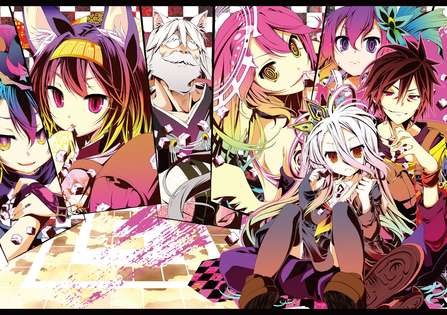 animal_ears, digital_version, hatsuse_ino, hatsuse_izuna, jibril_(no_game_no_life), kamiya_yuu, megane, no_game_no_life, plum_(no_game_no_life), seifuku, shiro_(no_game_no_life), sora_(no_game_no_life), stephanie_dora, tattoo, thighhighs, trap
