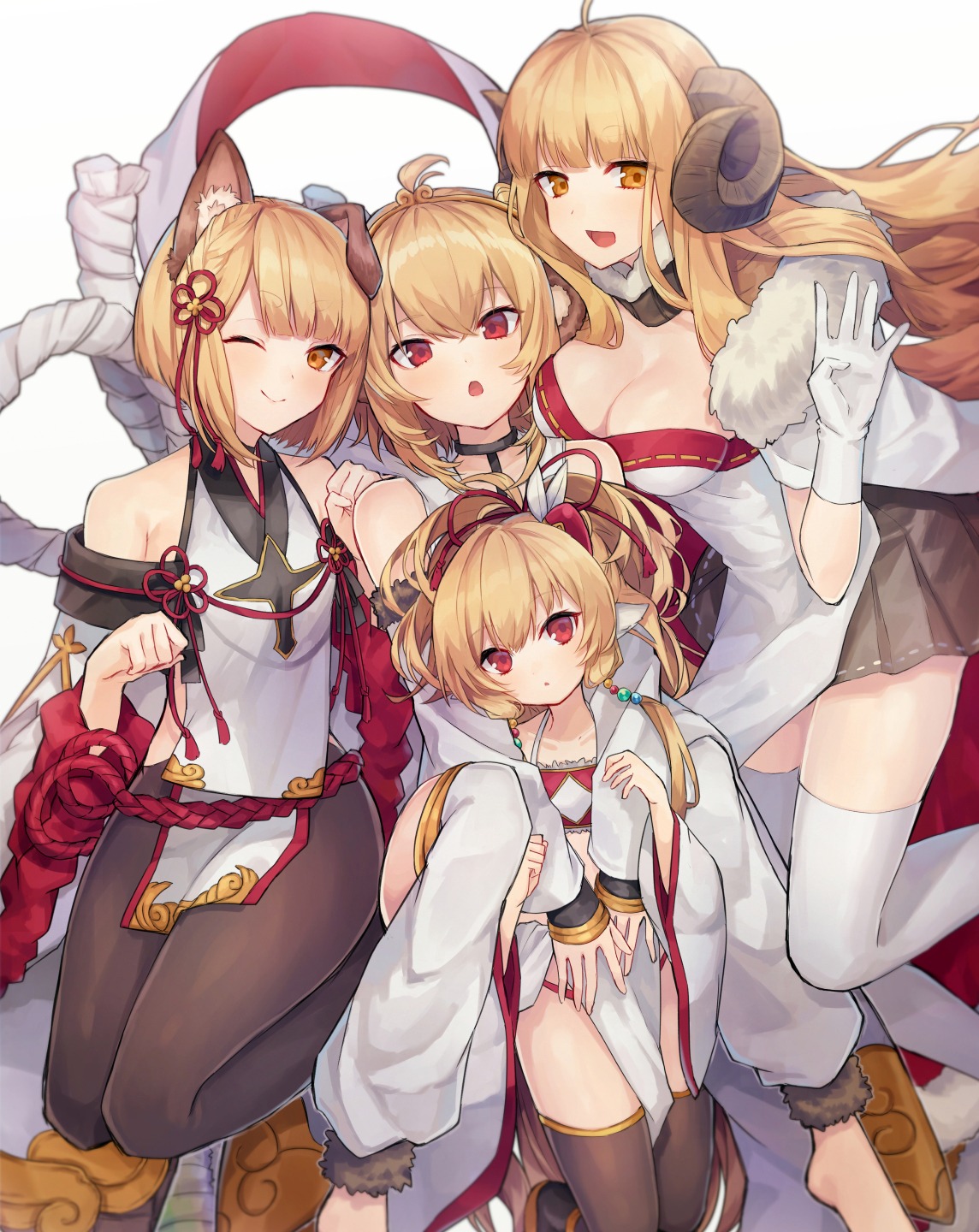 .com_(cu_105), andira_(granblue_fantasy), anila_(granblue_fantasy), animal_ears, cleavage, granblue_fantasy, horns, inumimi, japanese_clothes, makira_(granblue_fantasy), pantyhose, thighhighs, vajra_(granblue_fantasy)