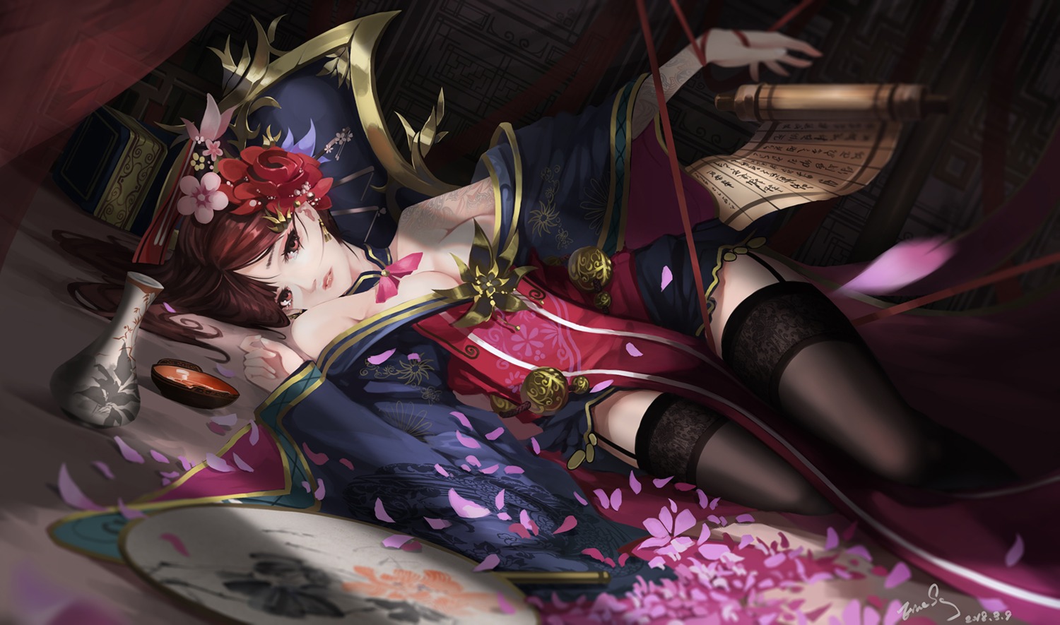 asian_clothes, cleavage, einess, open_shirt, stockings, thighhighs
