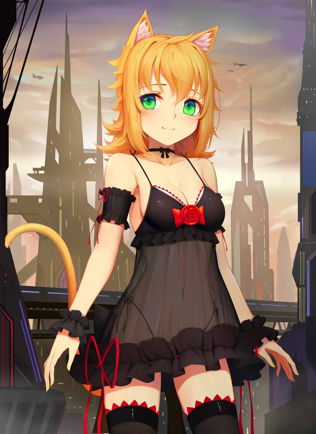animal_ears, cleavage, dress, nekomimi, pantsu, see_through, sonikey0_0, string_panties