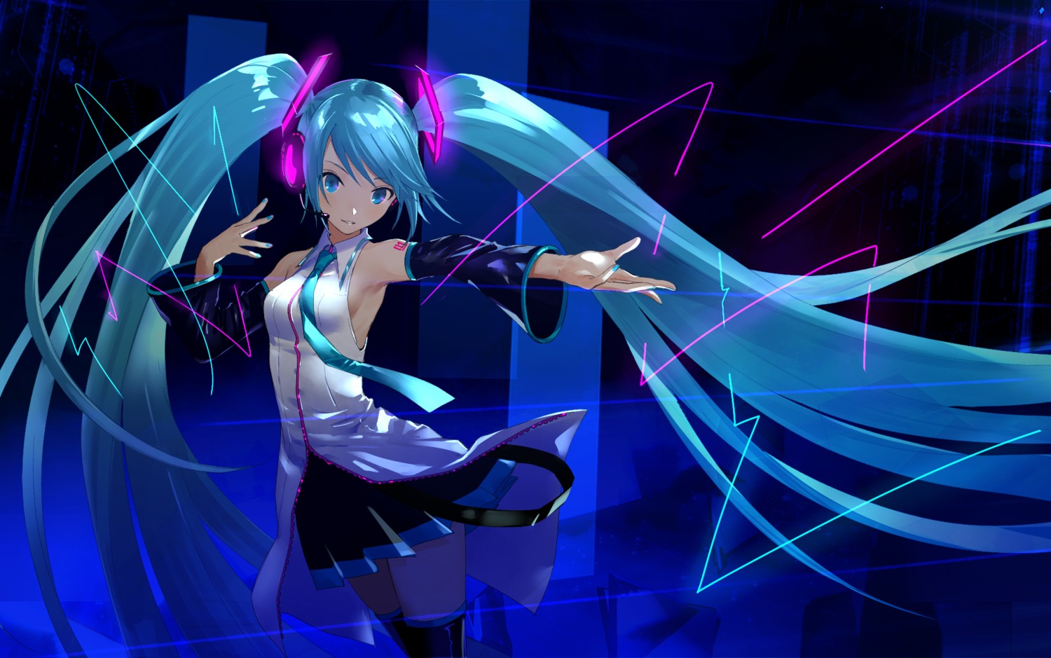 hatsune_miku, headphones, tattoo, thighhighs, urata_asao, vocaloid