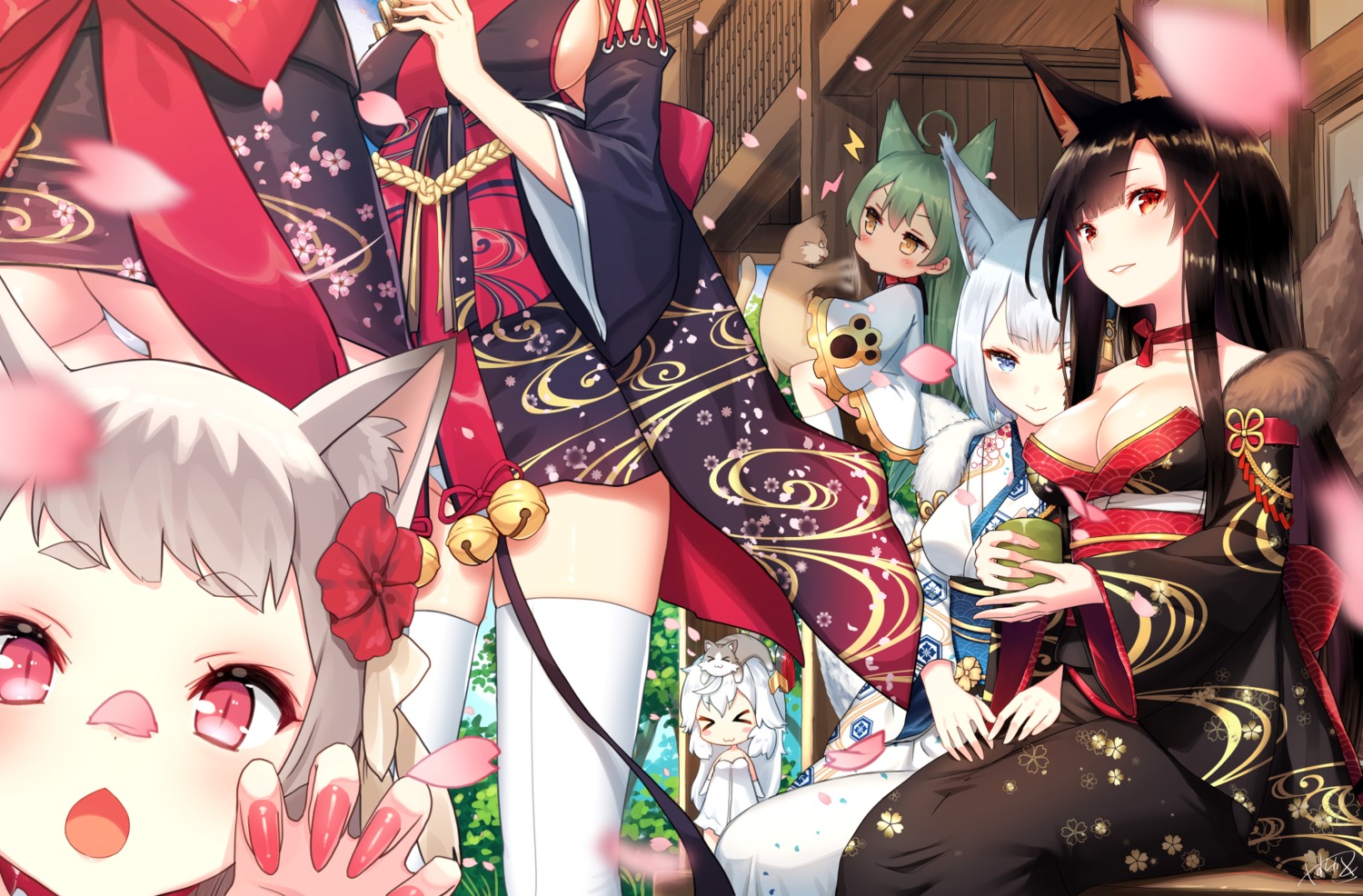 akagi_(azur_lane), akashi_(azur_lane), animal_ears, ass, azur_lane, cleavage, fusou_(azur_lane), japanese_clothes, kaga_(azur_lane), kimono, kitsune, neko, pantsu, tail, thighhighs, thong, universal_bullin_(azur_lane), yamashiro_(azur_lane), yasuyuki, yuudachi_(azur_lane)