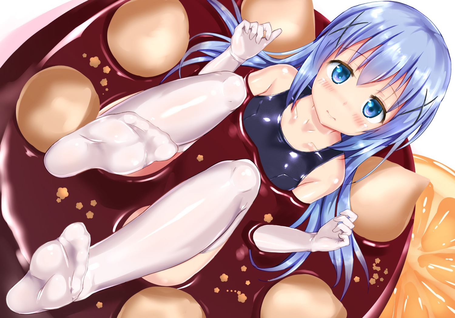 feet, gochuumon_wa_usagi_desu_ka?, kafuu_chino, naka_(cheeseyeast), school_swimsuit, swimsuits, thighhighs, wet