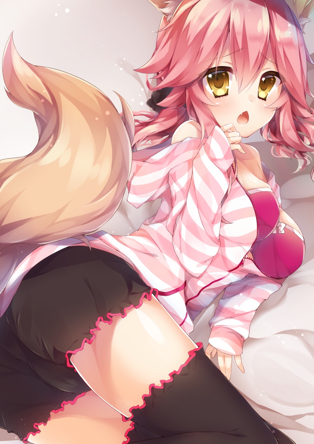 animal_ears, ass, bra, fate/grand_order, kinosaki_yuuta, open_shirt, tail, tamamo_no_mae, thighhighs