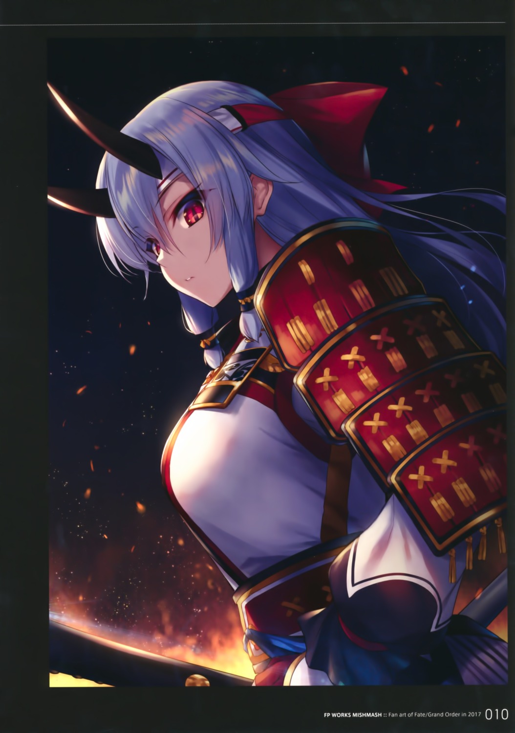 armor, fate/grand_order, fp_works, fukai_ryosuke, horns, japanese_clothes, sword, tomoe_gozen_(fate)
