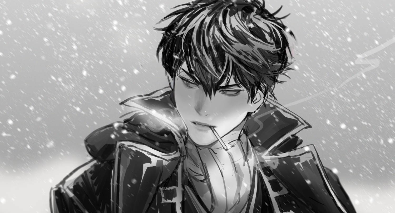 gintama, hijikata_toushirou, male, monochrome, silversoul_ys, smoking, uniform