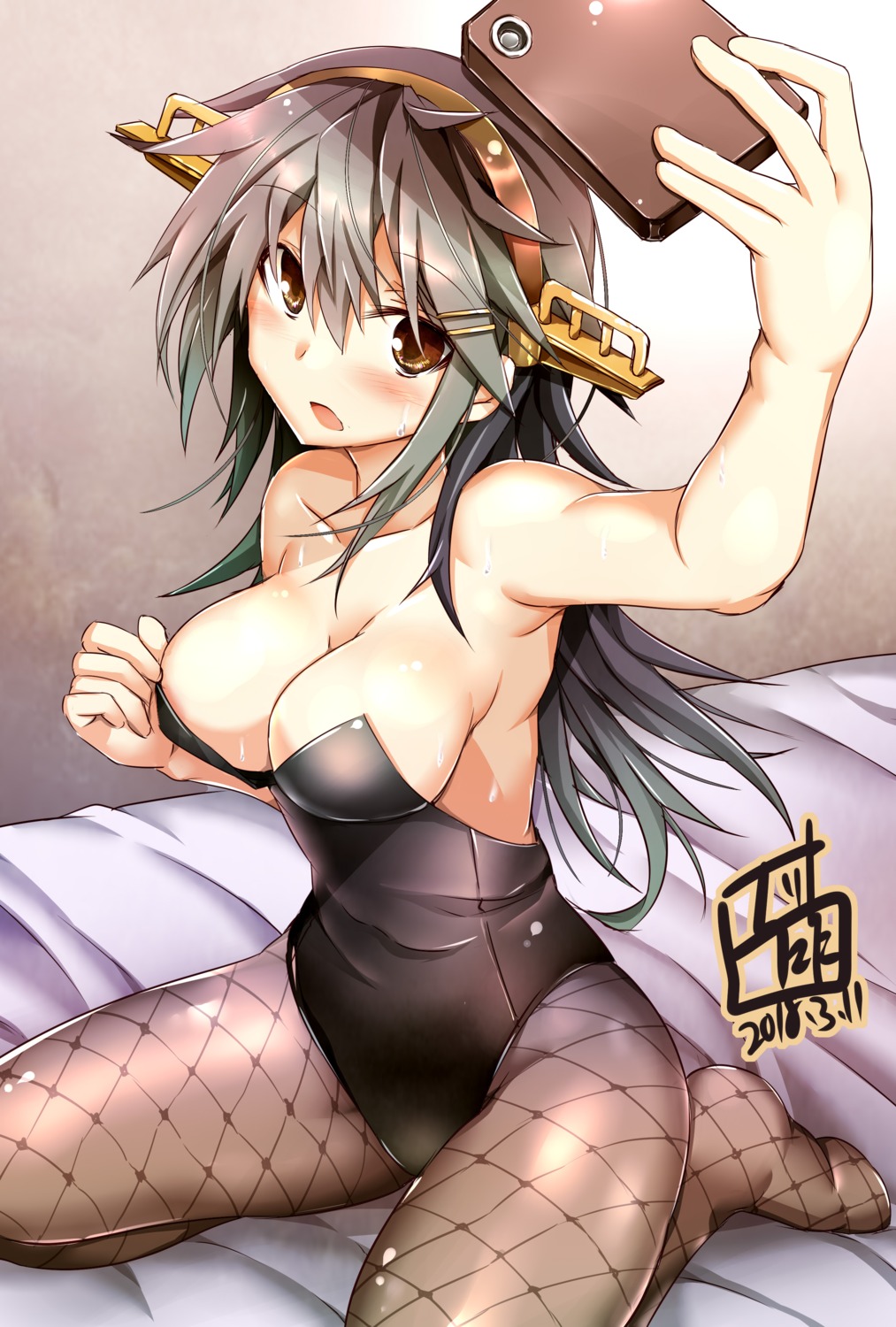 bunny_girl, cleavage, fishnets, haruna_(kancolle), kantai_collection, pantyhose, shiryuu