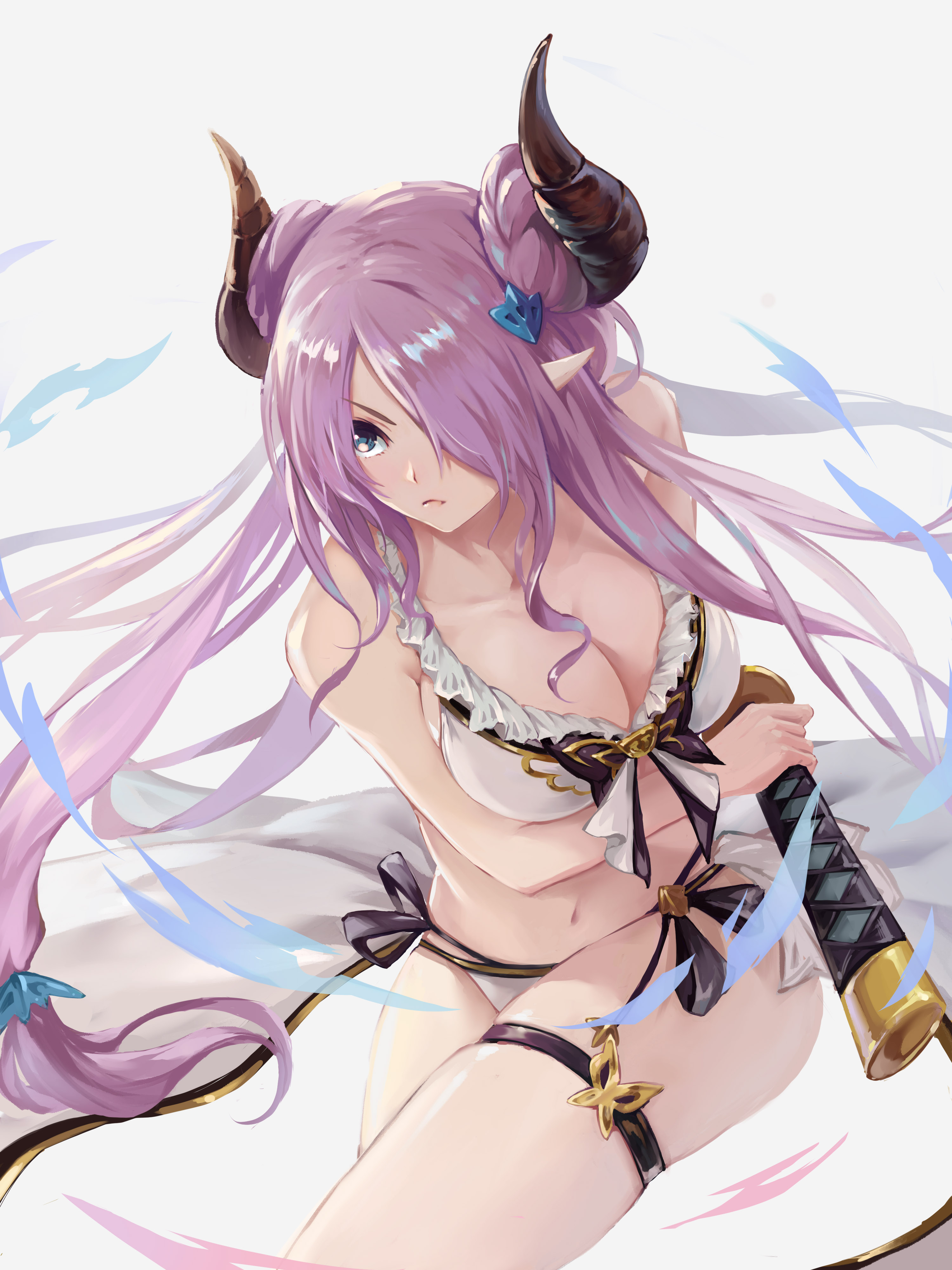 bikini, cleavage, cookman, garter, granblue_fantasy, horns, narumeia_(granblue_fantasy), pointy_ears, swimsuits, sword