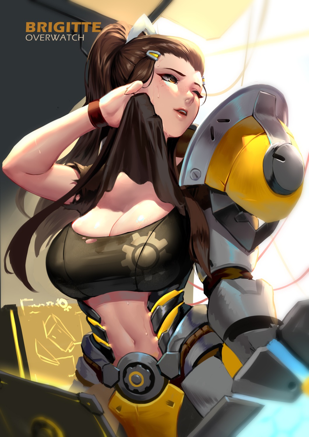 armor, brigitte_(overwatch), cianyo, cleavage, overwatch, shirt_lift, torn_clothes