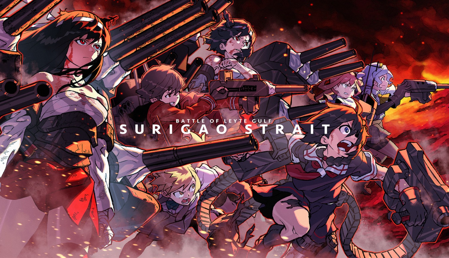 asagumo_(kancolle), bike_shorts, blood, fusou_(kancolle), kantai_collection, michishio_(kancolle), mogami_(kancolle), naka_(kancolle), rinta, sarashi, seifuku, shigure_(kancolle), torn_clothes, weapon, yamashiro_(kancolle)