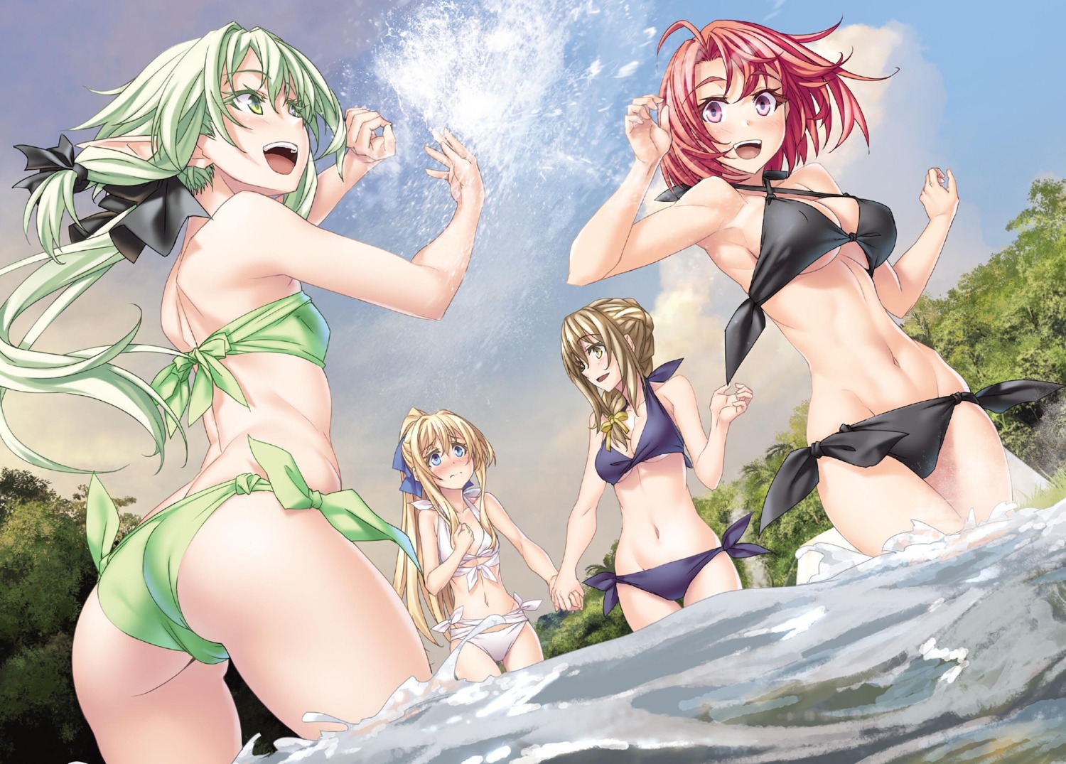 ass, bikini, cleavage, cow_girl, elf, goblin_slayer, guild_girl, high_elf_archer, kannatsuki_noboru, pointy_ears, priestess, swimsuits, underboob, wet
