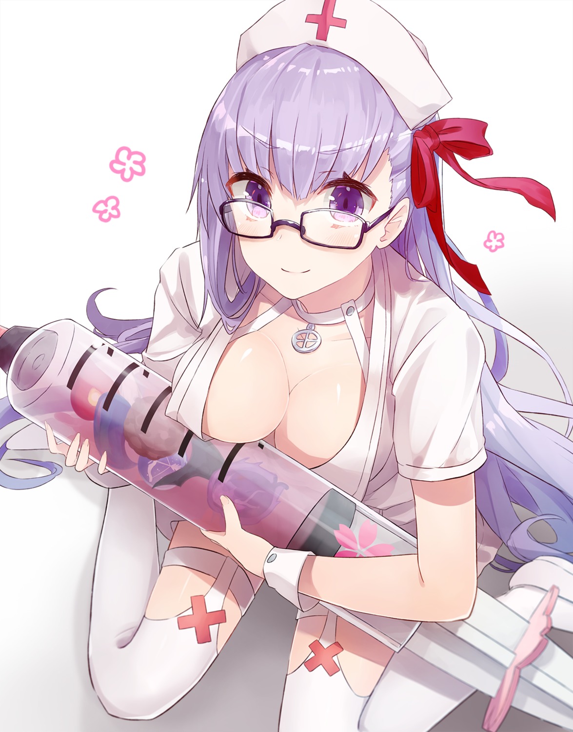 bb_(fate), cleavage, fate/extra, fate/extra_ccc, fate/grand_order, fate/stay_night, megane, no_bra, nuko_miruku, nurse, open_shirt, stockings, thighhighs